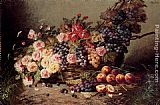 Basket Canvas Paintings - Still Life Of Roses, Peaches And Grapes In A Basket